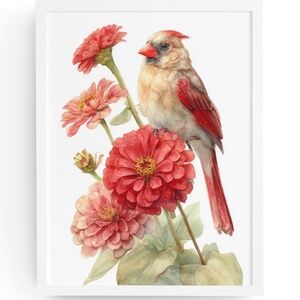 Watercolor Female Cardinal Bird with Zinnia Flowers Wall Art Print Unframed